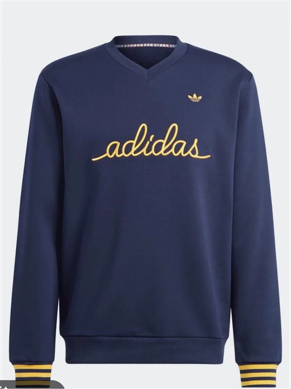 Adidas Originals Navy Blue & Gold V-Neck Embroidered Script Sweatshirt Large
